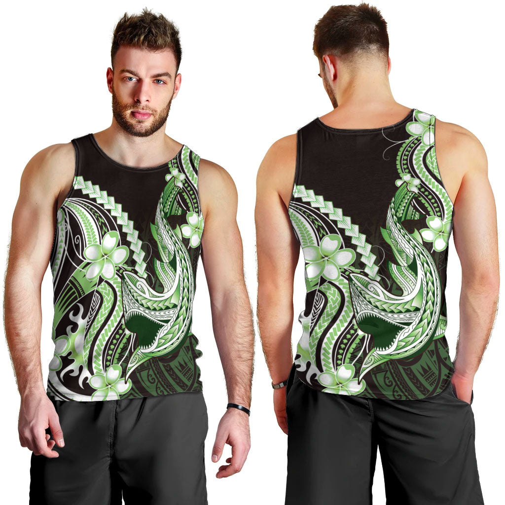 Green Black Aloha Hawaii Men Tank Top Polynesian Shark Tattoo Plumeria