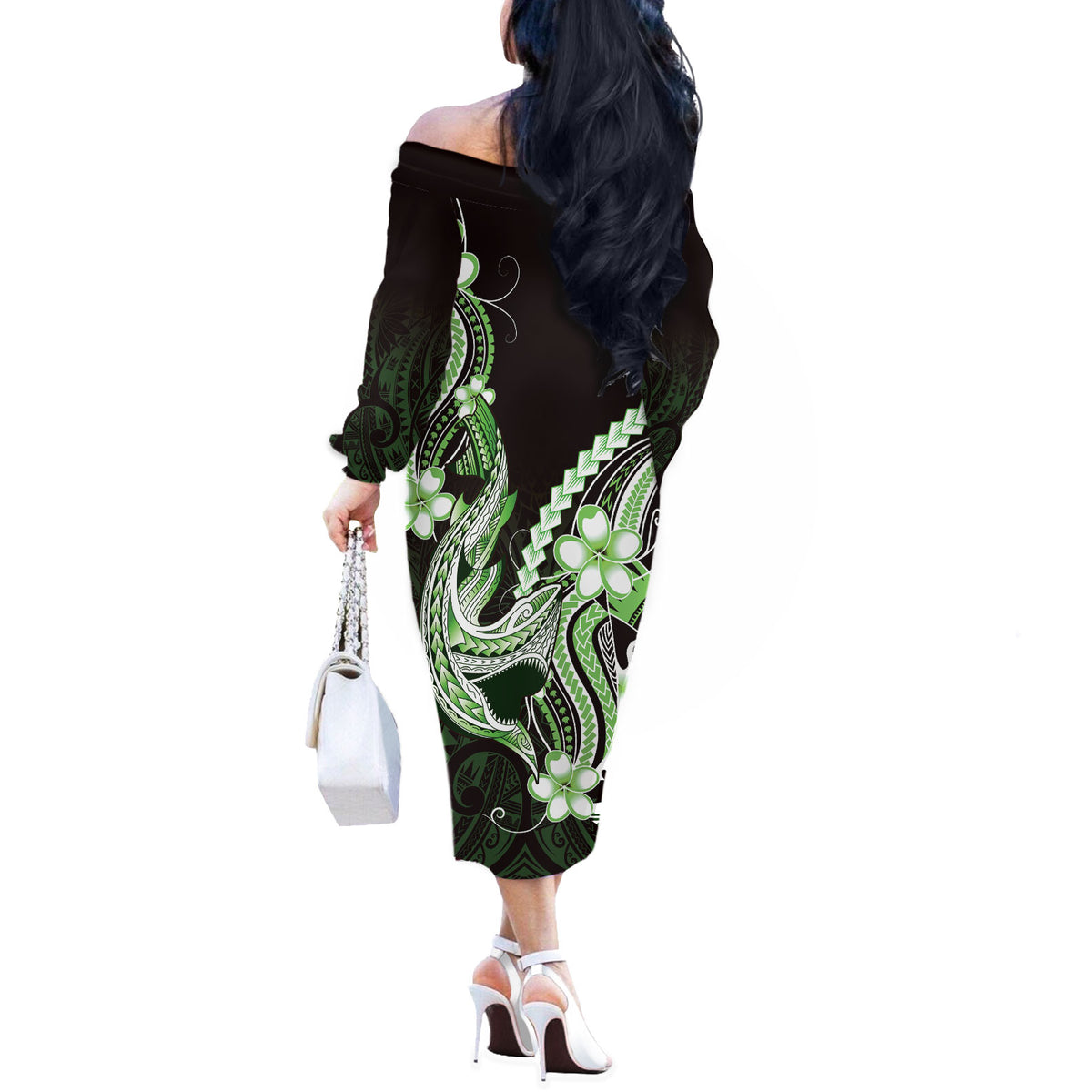 Green Black Aloha Hawaii Off The Shoulder Long Sleeve Dress Polynesian Shark Tattoo Plumeria LT14 - Polynesian Pride