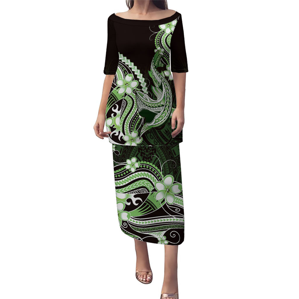 Green Black Aloha Hawaii Puletasi Polynesian Shark Tattoo Plumeria