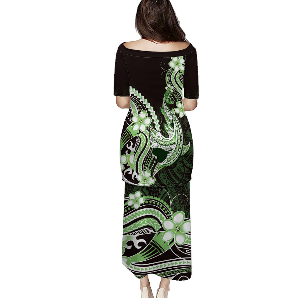 Green Black Aloha Hawaii Puletasi Polynesian Shark Tattoo Plumeria