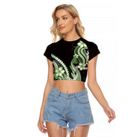 Green Black Aloha Hawaii Raglan Cropped T Shirt Polynesian Shark Tattoo Plumeria