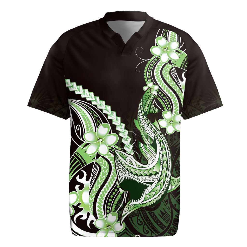 Green Black Aloha Hawaii Rugby Jersey Polynesian Shark Tattoo Plumeria