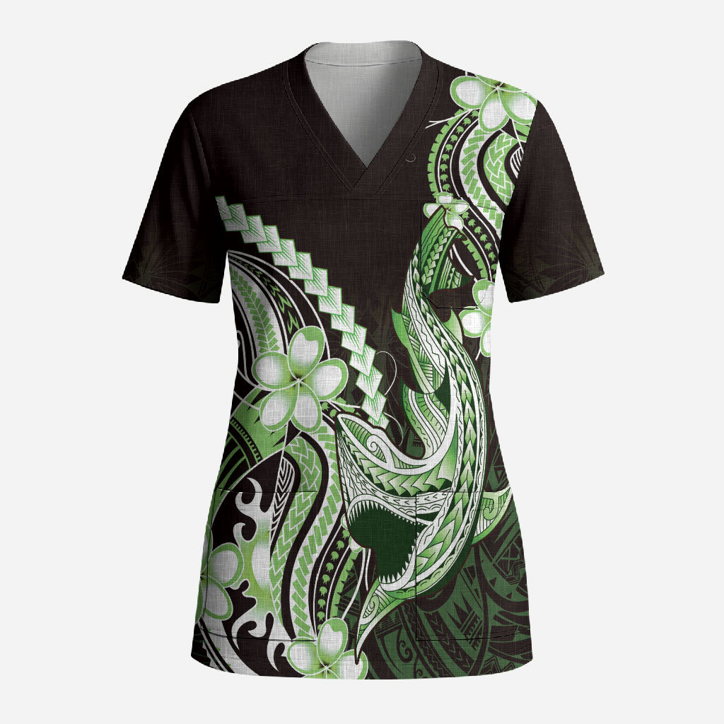 Green Black Aloha Hawaii Scrub Top Polynesian Shark Tattoo Plumeria