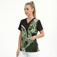Green Black Aloha Hawaii Scrub Top Polynesian Shark Tattoo Plumeria