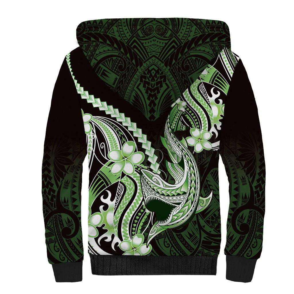 Green Black Aloha Hawaii Sherpa Hoodie Polynesian Shark Tattoo Plumeria