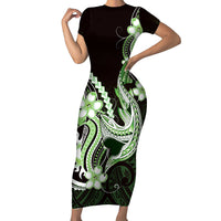 Green Black Aloha Hawaii Short Sleeve Bodycon Dress Polynesian Shark Tattoo Plumeria LT14 Long Dress Green - Polynesian Pride