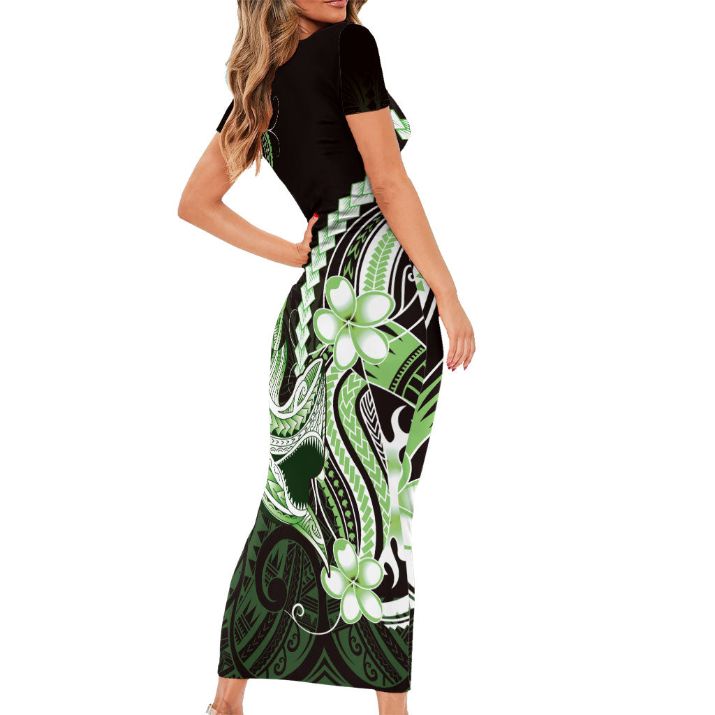 Green Black Aloha Hawaii Short Sleeve Bodycon Dress Polynesian Shark Tattoo Plumeria LT14 - Polynesian Pride