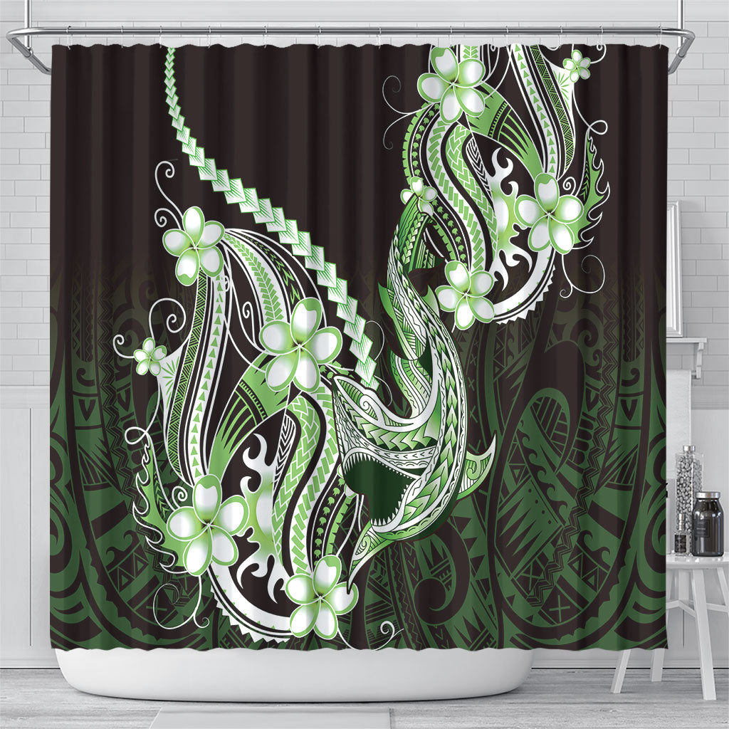 Green Black Aloha Hawaii Shower Curtain Polynesian Shark Tattoo Plumeria