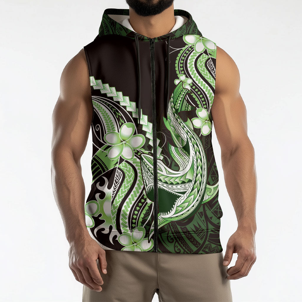 Green Black Aloha Hawaii Sleeveless Zip Hoodie Polynesian Shark Tattoo Plumeria
