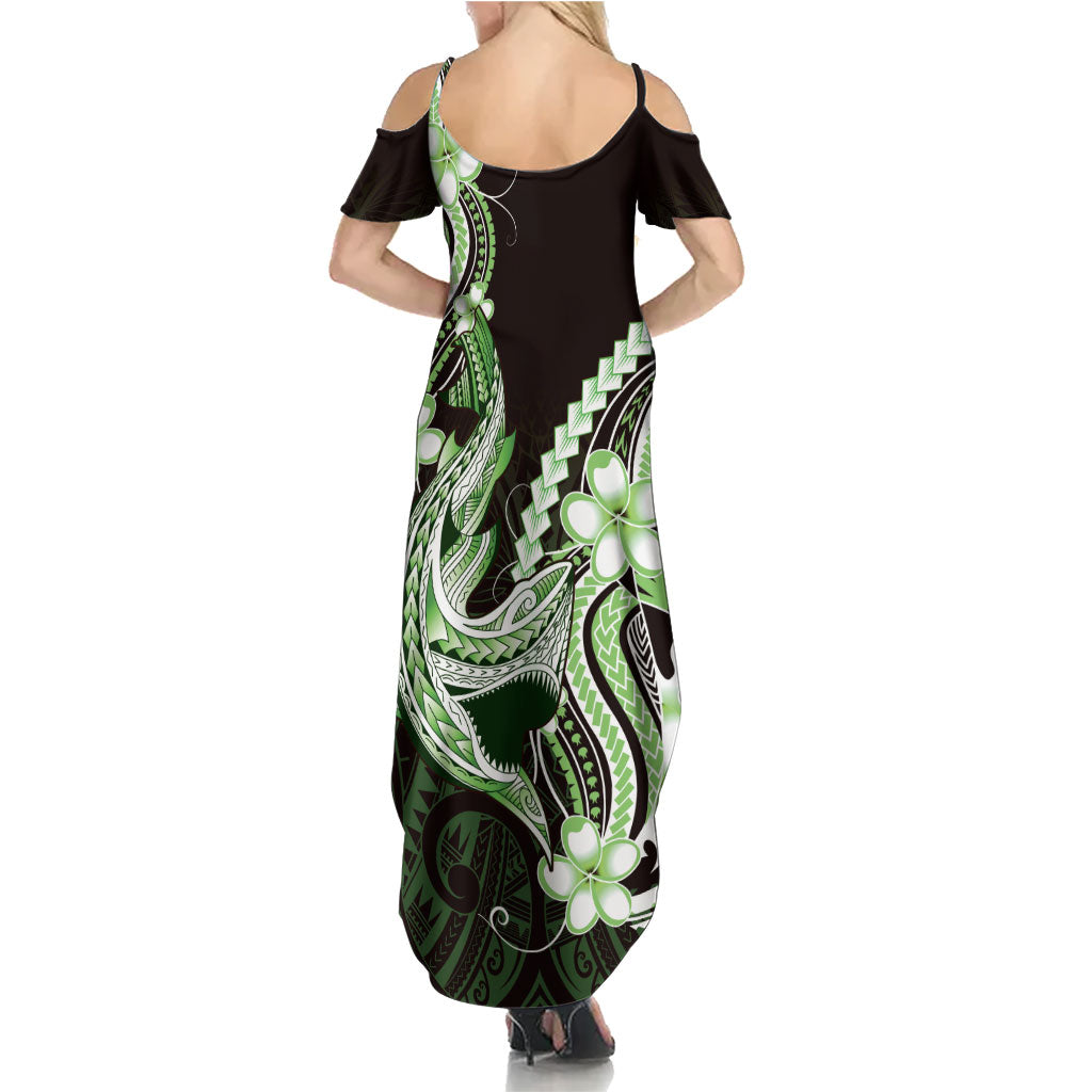 Green Black Aloha Hawaii Summer Maxi Dress Polynesian Shark Tattoo Plumeria