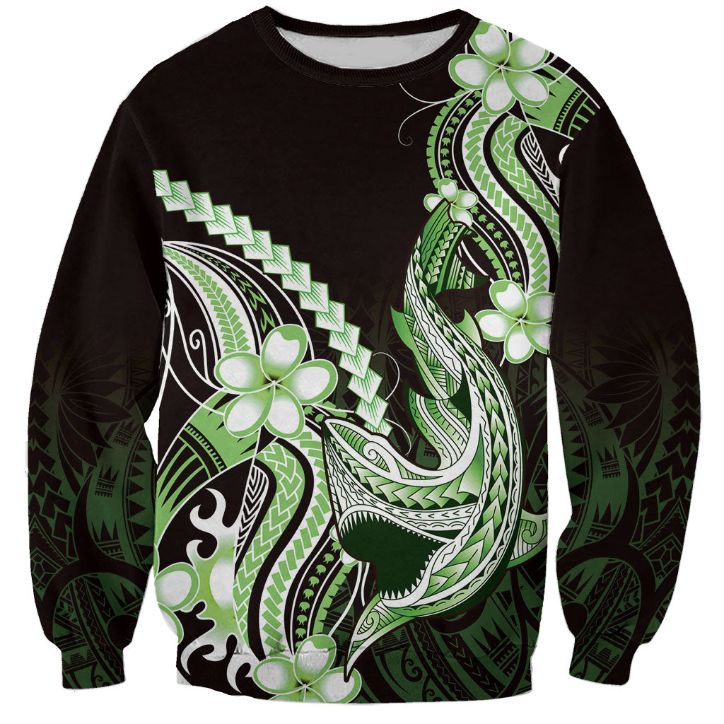 Green Black Aloha Hawaii Sweatshirt Polynesian Shark Tattoo Plumeria