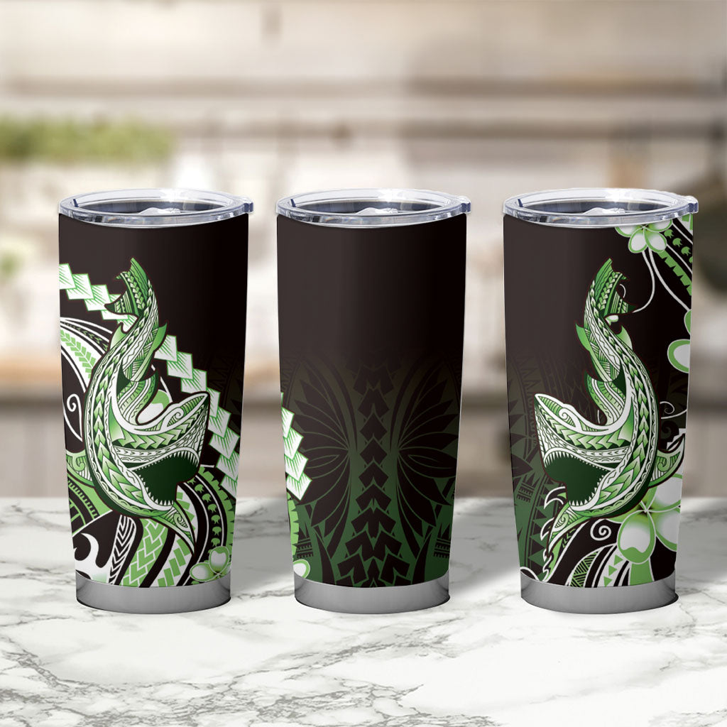 Green Black Aloha Hawaii Tumbler Cup Polynesian Shark Tattoo Plumeria