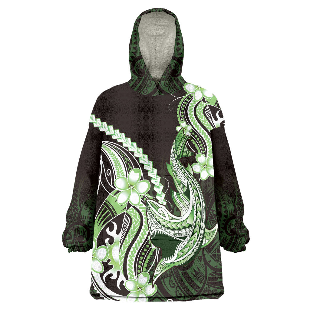 Green Black Aloha Hawaii Wearable Blanket Hoodie Polynesian Shark Tattoo Plumeria LT14 One Size Green - Polynesian Pride