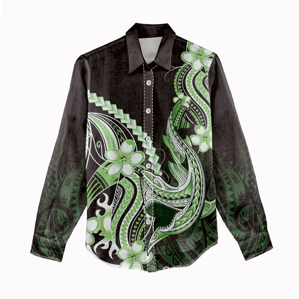 Green Black Aloha Hawaii Women Casual Shirt Polynesian Shark Tattoo Plumeria LT14 - Polynesian Pride