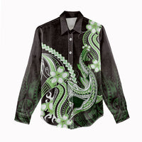 Green Black Aloha Hawaii Women Casual Shirt Polynesian Shark Tattoo Plumeria LT14 - Polynesian Pride