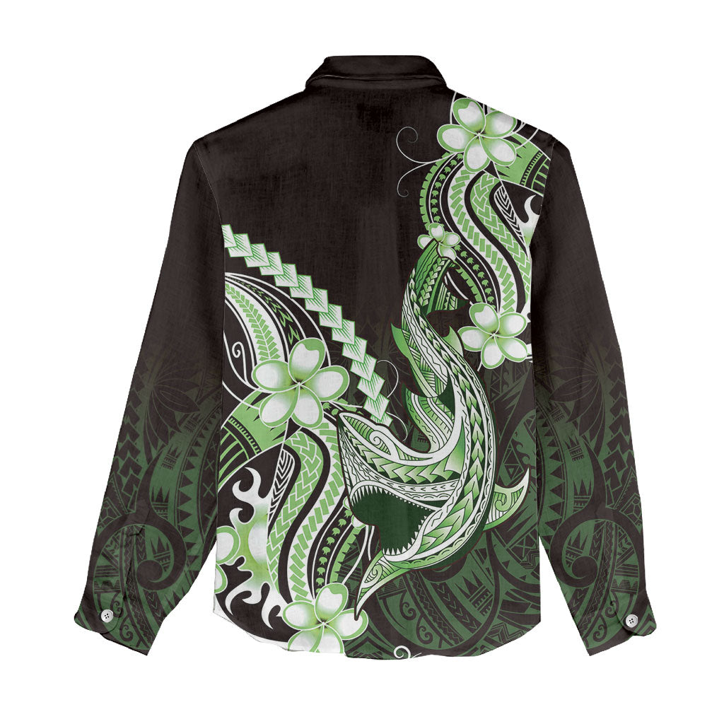 Green Black Aloha Hawaii Women Casual Shirt Polynesian Shark Tattoo Plumeria LT14 - Polynesian Pride