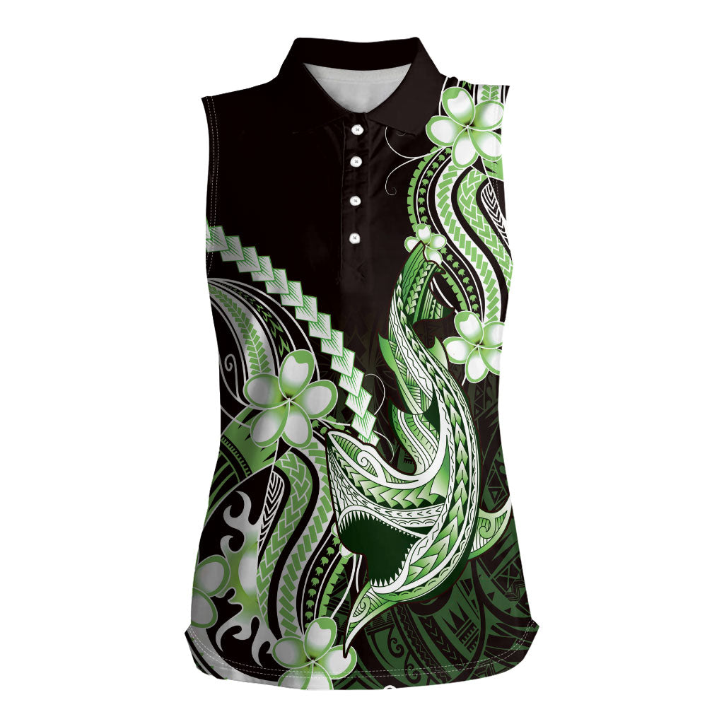 Green Black Aloha Hawaii Women Sleeveless Polo Shirt Polynesian Shark Tattoo Plumeria LT14 Female Green - Polynesian Pride