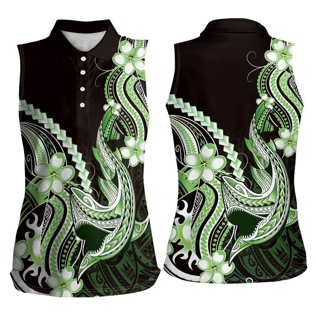 Green Black Aloha Hawaii Women Sleeveless Polo Shirt Polynesian Shark Tattoo Plumeria LT14 - Polynesian Pride