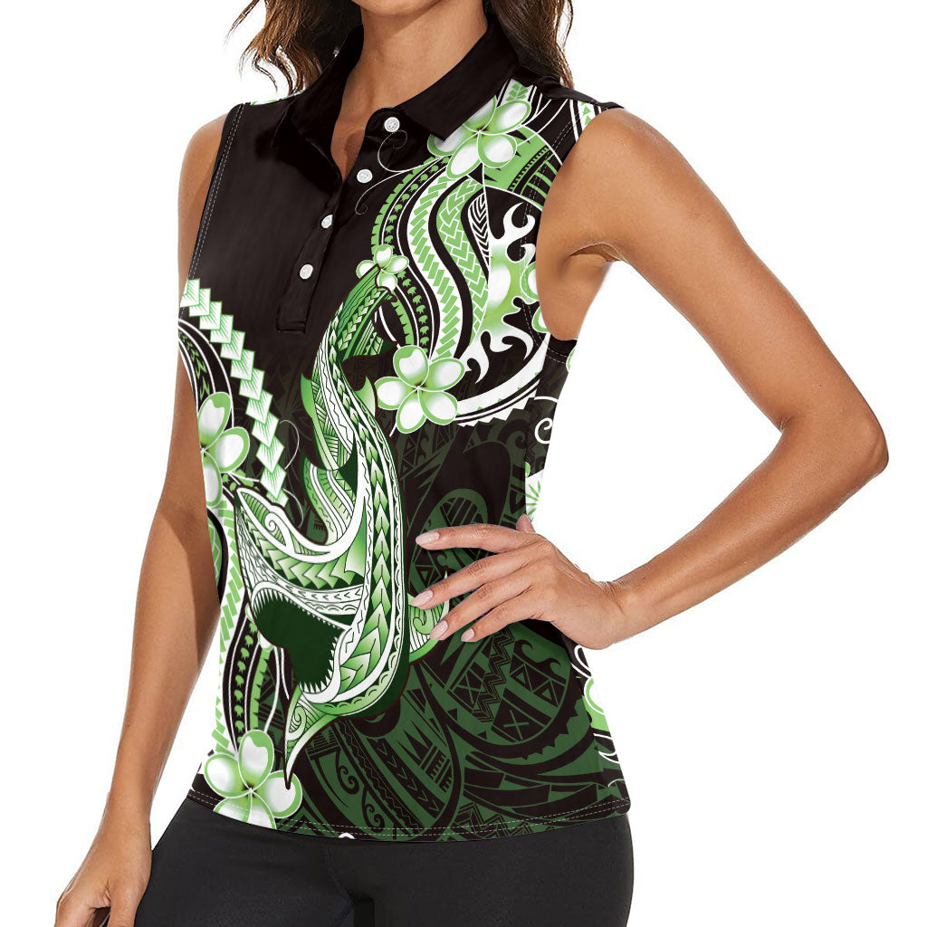 Green Black Aloha Hawaii Women Sleeveless Polo Shirt Polynesian Shark Tattoo Plumeria LT14 - Polynesian Pride