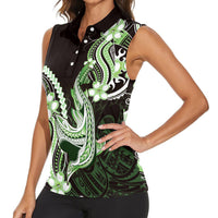 Green Black Aloha Hawaii Women Sleeveless Polo Shirt Polynesian Shark Tattoo Plumeria LT14 - Polynesian Pride