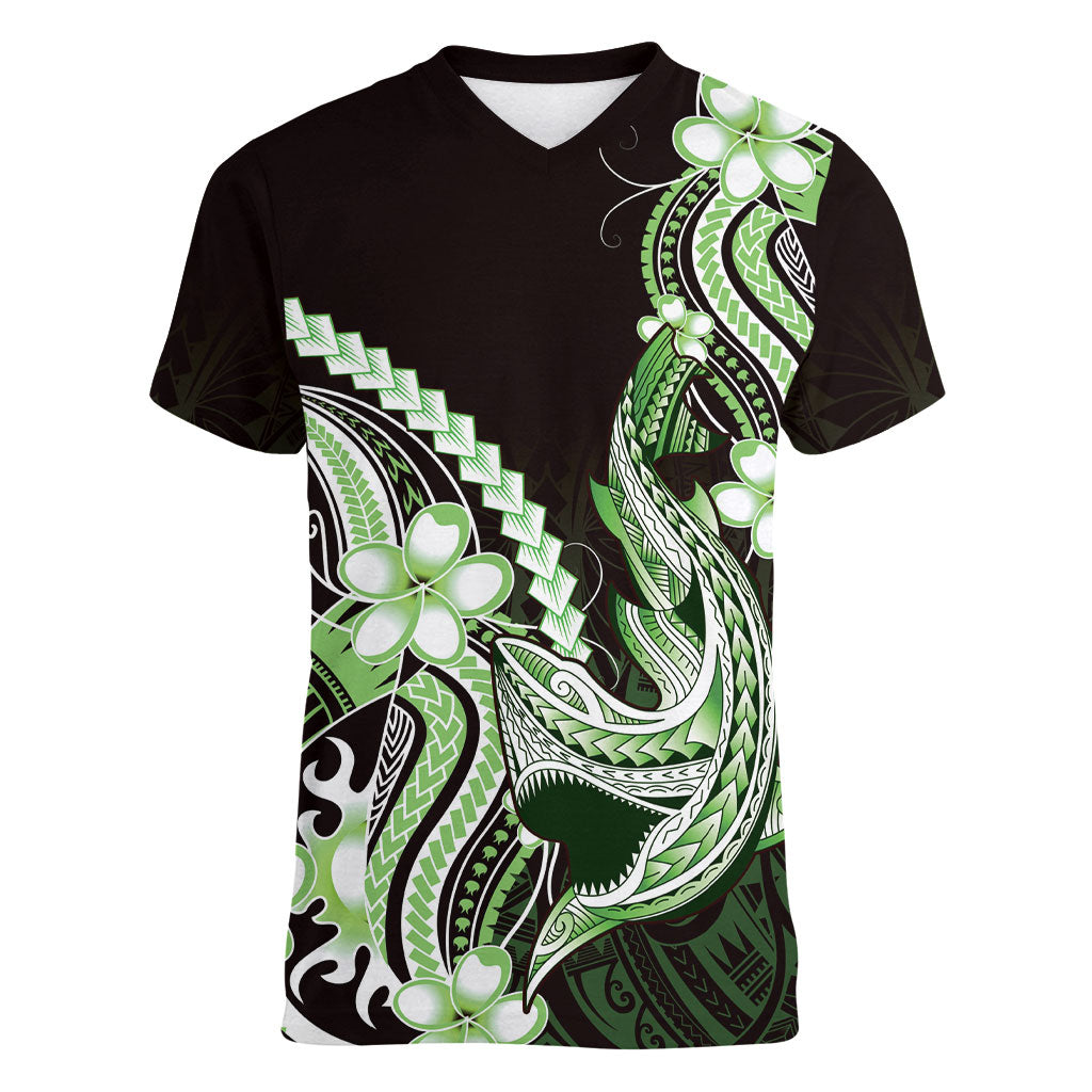 Green Black Aloha Hawaii Women V-Neck T-Shirt Polynesian Shark Tattoo Plumeria LT14 Female Green - Polynesian Pride