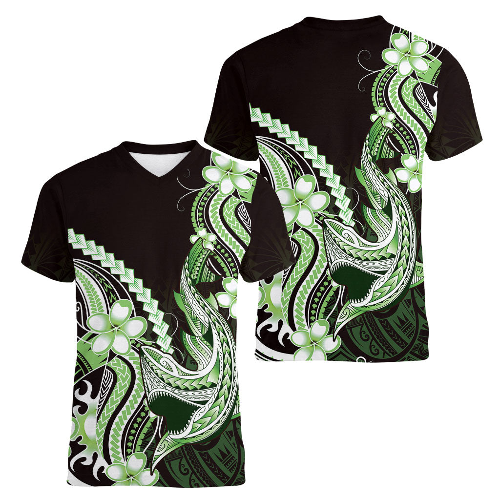 Green Black Aloha Hawaii Women V-Neck T-Shirt Polynesian Shark Tattoo Plumeria LT14 - Polynesian Pride