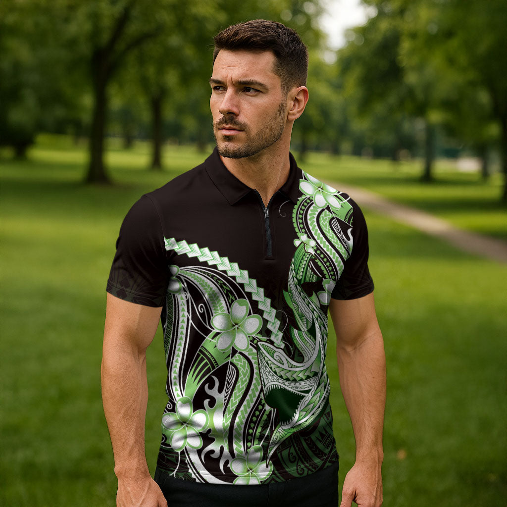 Green Black Aloha Hawaii Zipper Polo Shirt Polynesian Shark Tattoo Plumeria