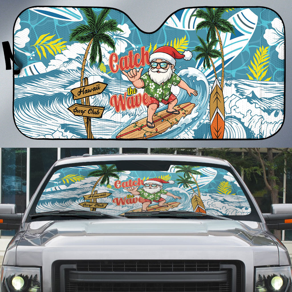 Hawaii Summer Christmas Auto Sun Shade Surfing Santa Shaka Catch The Wave