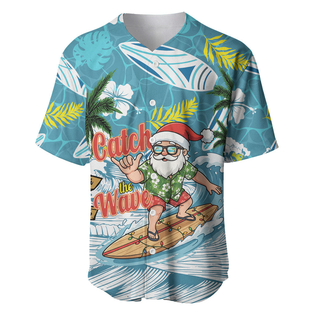 Hawaii Summer Christmas Baseball Jersey Surfing Santa Shaka Catch The Wave LT14 Teal - Polynesian Pride