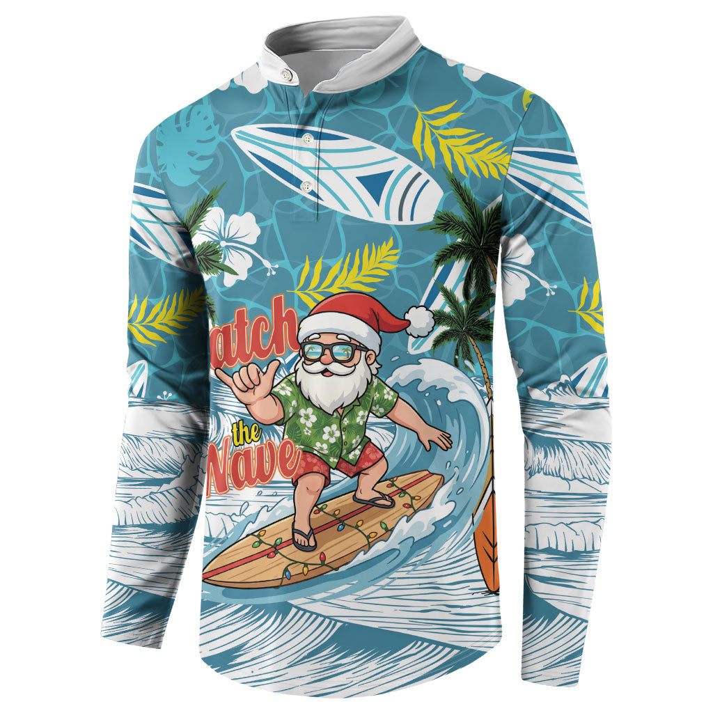 Hawaii Summer Christmas Button Sweatshirt Surfing Santa Shaka Catch The Wave