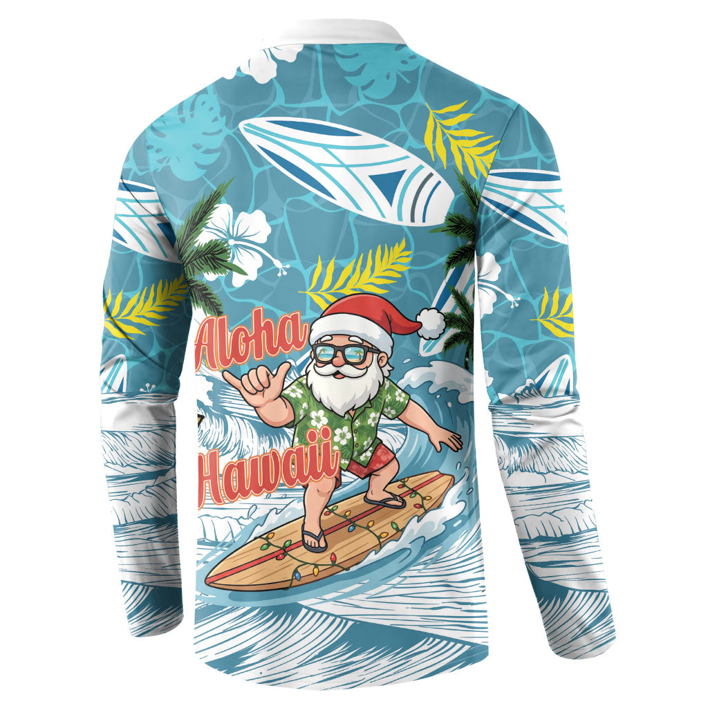 Hawaii Summer Christmas Button Sweatshirt Surfing Santa Shaka Catch The Wave