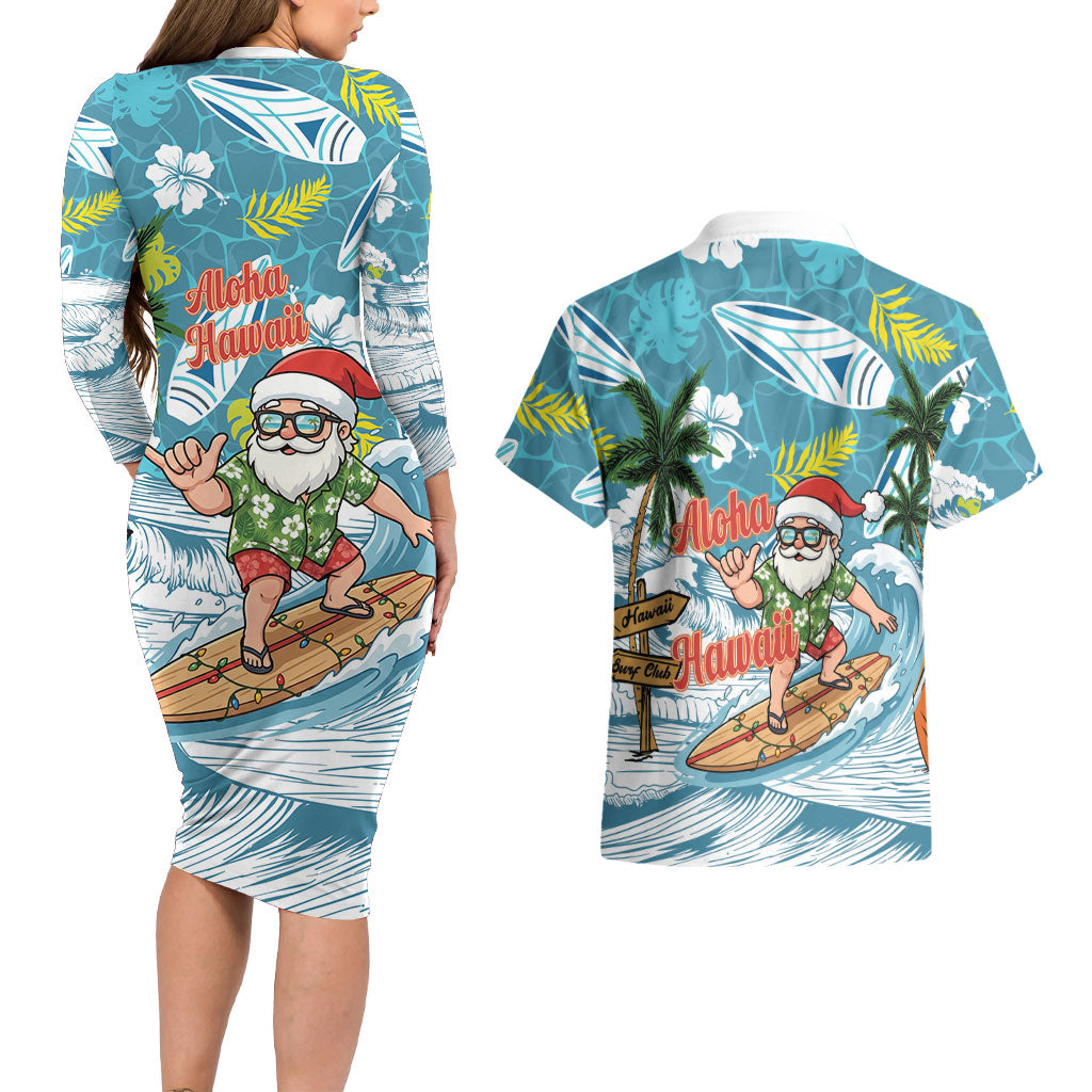 Hawaii Summer Christmas Couples Matching Long Sleeve Bodycon Dress and Hawaiian Shirt Surfing Santa Shaka Catch The Wave LT14 - Polynesian Pride