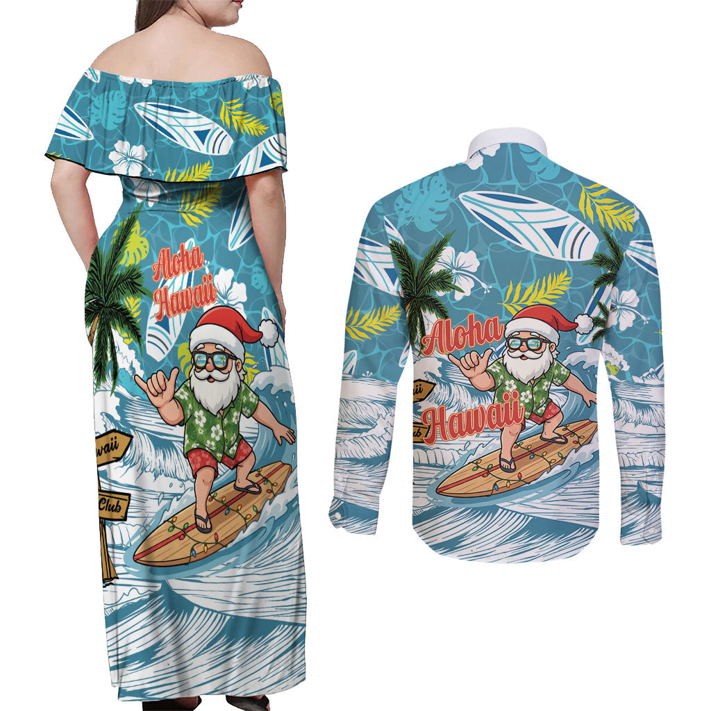 Hawaii Summer Christmas Couples Matching Off Shoulder Maxi Dress and Long Sleeve Button Shirt Surfing Santa Shaka Catch The Wave LT14 - Polynesian Pride