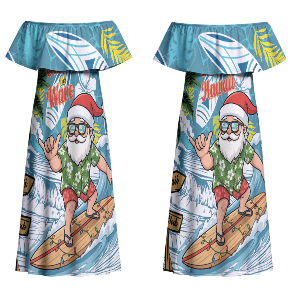 Hawaii Summer Christmas Couples Matching Off Shoulder Maxi Dress and Long Sleeve Button Shirt Surfing Santa Shaka Catch The Wave LT14 - Polynesian Pride