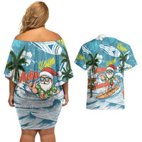 Hawaii Summer Christmas Couples Matching Off Shoulder Short Dress and Hawaiian Shirt Surfing Santa Shaka Catch The Wave LT14 - Polynesian Pride