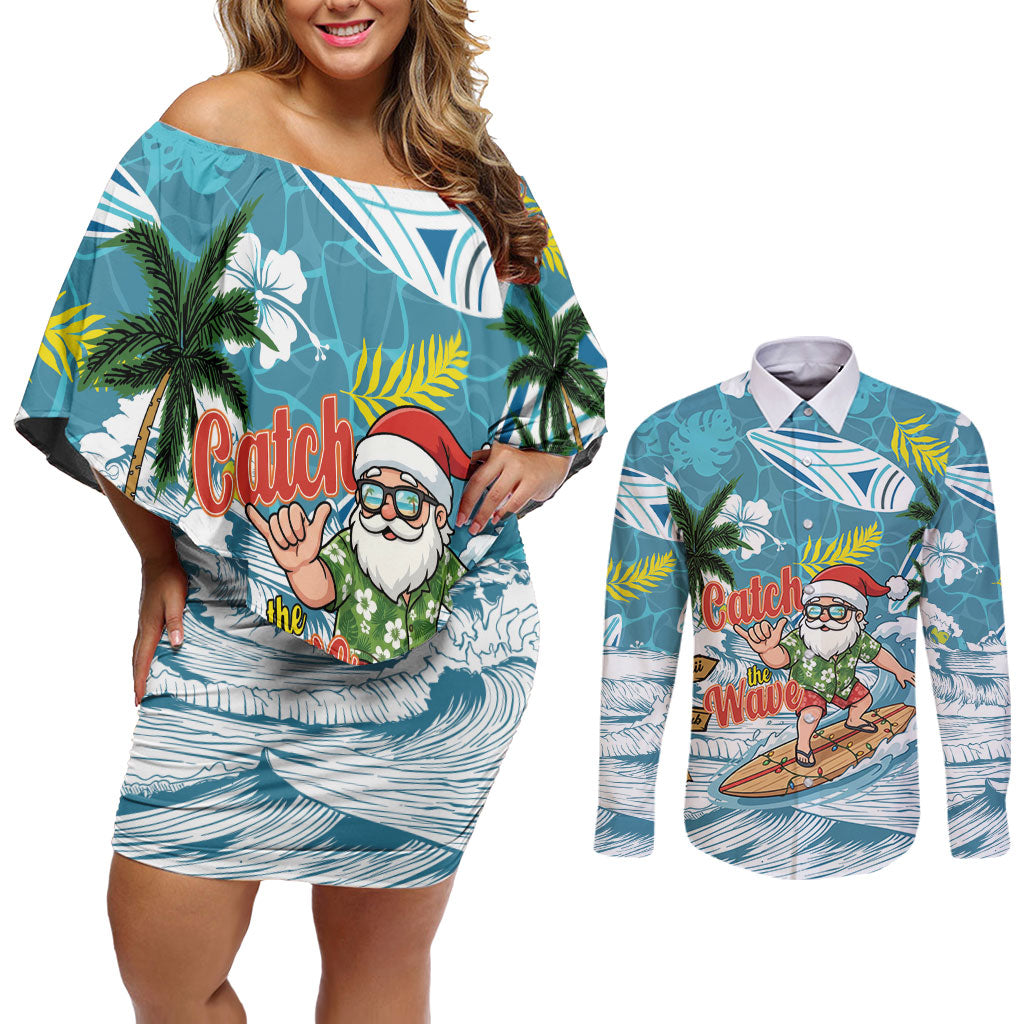 Hawaii Summer Christmas Couples Matching Off Shoulder Short Dress and Long Sleeve Button Shirt Surfing Santa Shaka Catch The Wave LT14 Teal - Polynesian Pride