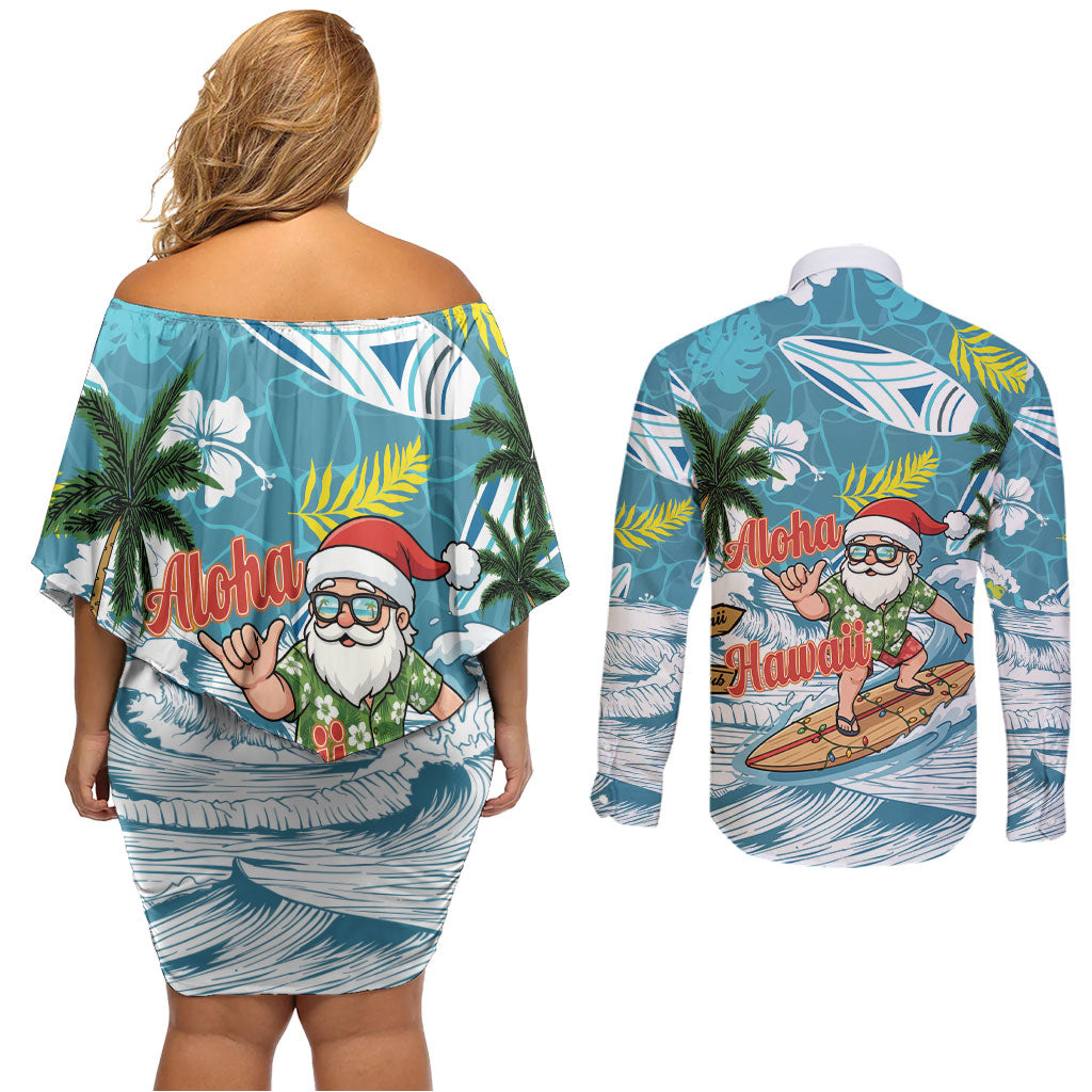 Hawaii Summer Christmas Couples Matching Off Shoulder Short Dress and Long Sleeve Button Shirt Surfing Santa Shaka Catch The Wave LT14 - Polynesian Pride
