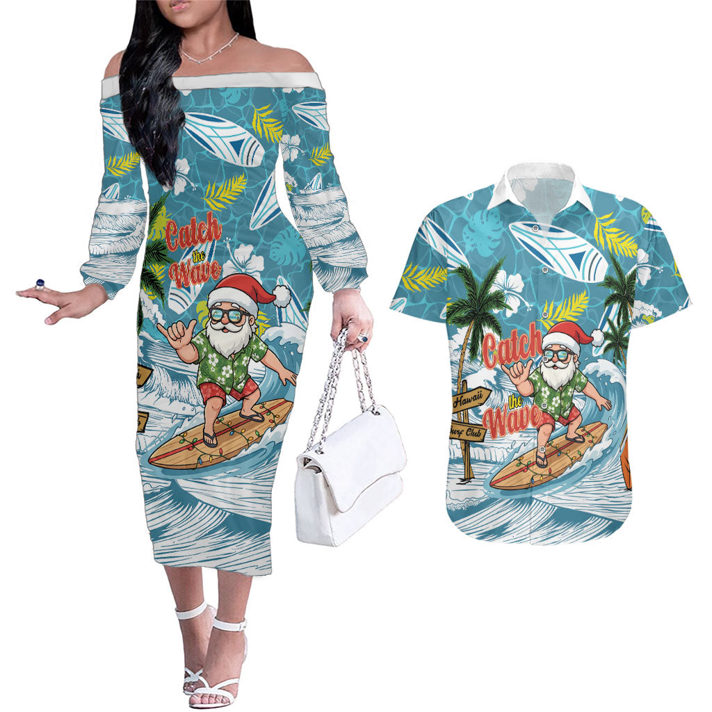 Hawaii Summer Christmas Couples Matching Off The Shoulder Long Sleeve Dress and Hawaiian Shirt Surfing Santa Shaka Catch The Wave