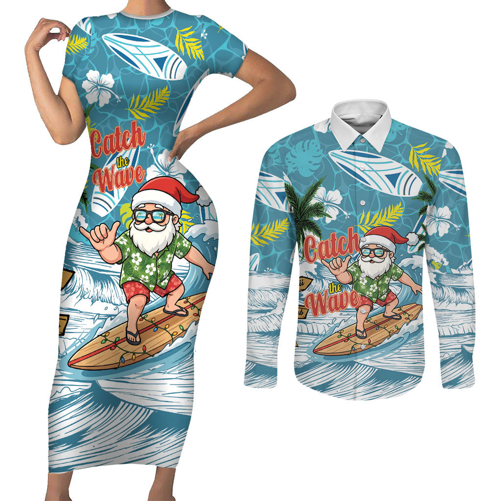 Hawaii Summer Christmas Couples Matching Short Sleeve Bodycon Dress and Long Sleeve Button Shirt Surfing Santa Shaka Catch The Wave LT14 Teal - Polynesian Pride