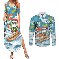 Hawaii Summer Christmas Couples Matching Summer Maxi Dress and Long Sleeve Button Shirt Surfing Santa Shaka Catch The Wave LT14 Teal - Polynesian Pride
