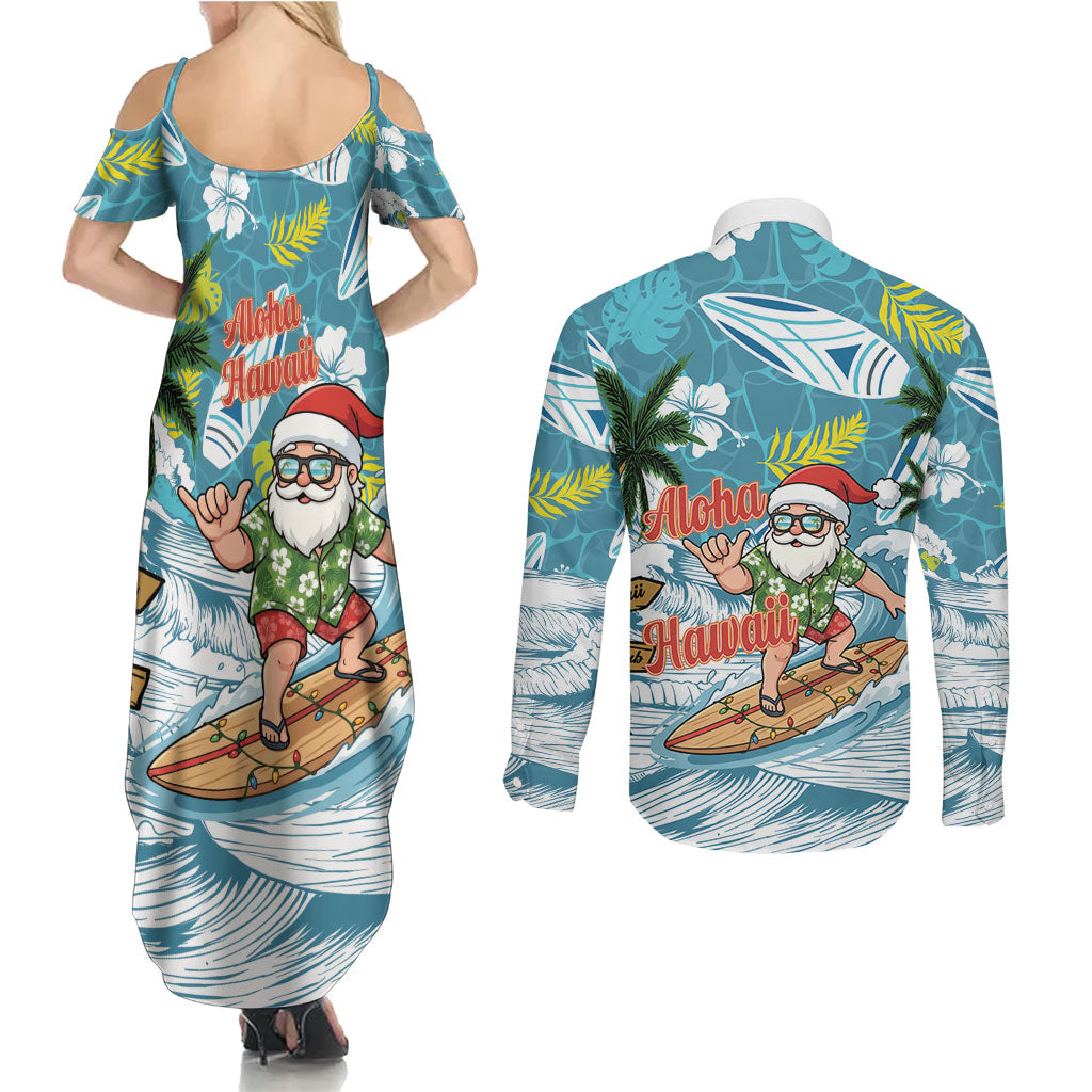 Hawaii Summer Christmas Couples Matching Summer Maxi Dress and Long Sleeve Button Shirt Surfing Santa Shaka Catch The Wave LT14 - Polynesian Pride