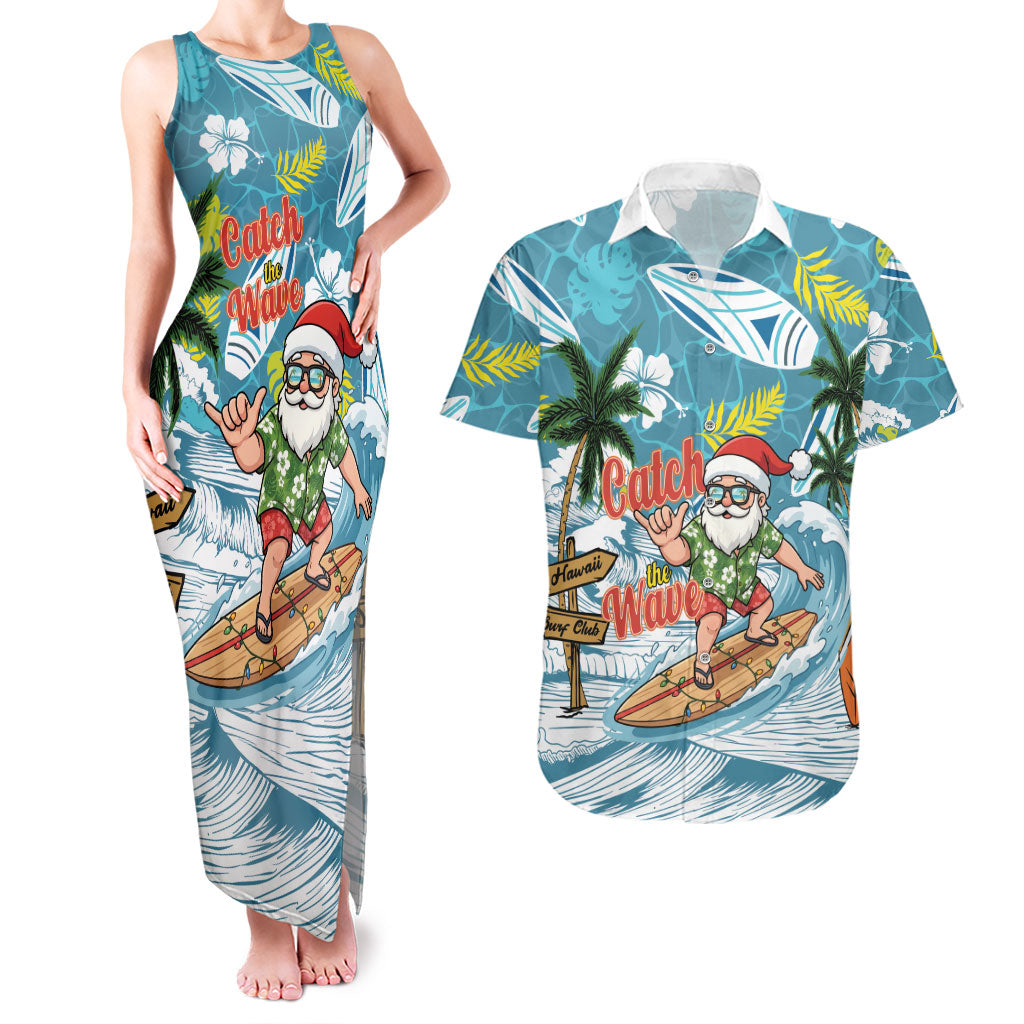 Hawaii Summer Christmas Couples Matching Tank Maxi Dress and Hawaiian Shirt Surfing Santa Shaka Catch The Wave LT14 Teal - Polynesian Pride