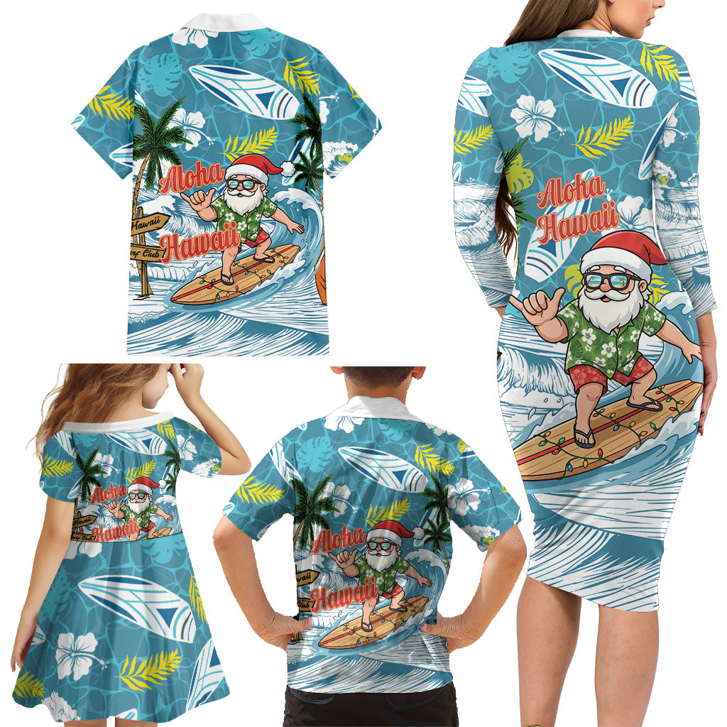 Hawaii Summer Christmas Family Matching Long Sleeve Bodycon Dress and Hawaiian Shirt Surfing Santa Shaka Catch The Wave LT14 - Polynesian Pride