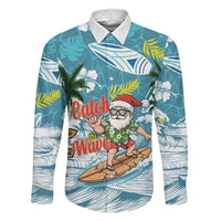 Hawaii Summer Christmas Family Matching Long Sleeve Bodycon Dress and Hawaiian Shirt Surfing Santa Shaka Catch The Wave LT14 Dad's Shirt - Long Sleeve Teal - Polynesian Pride