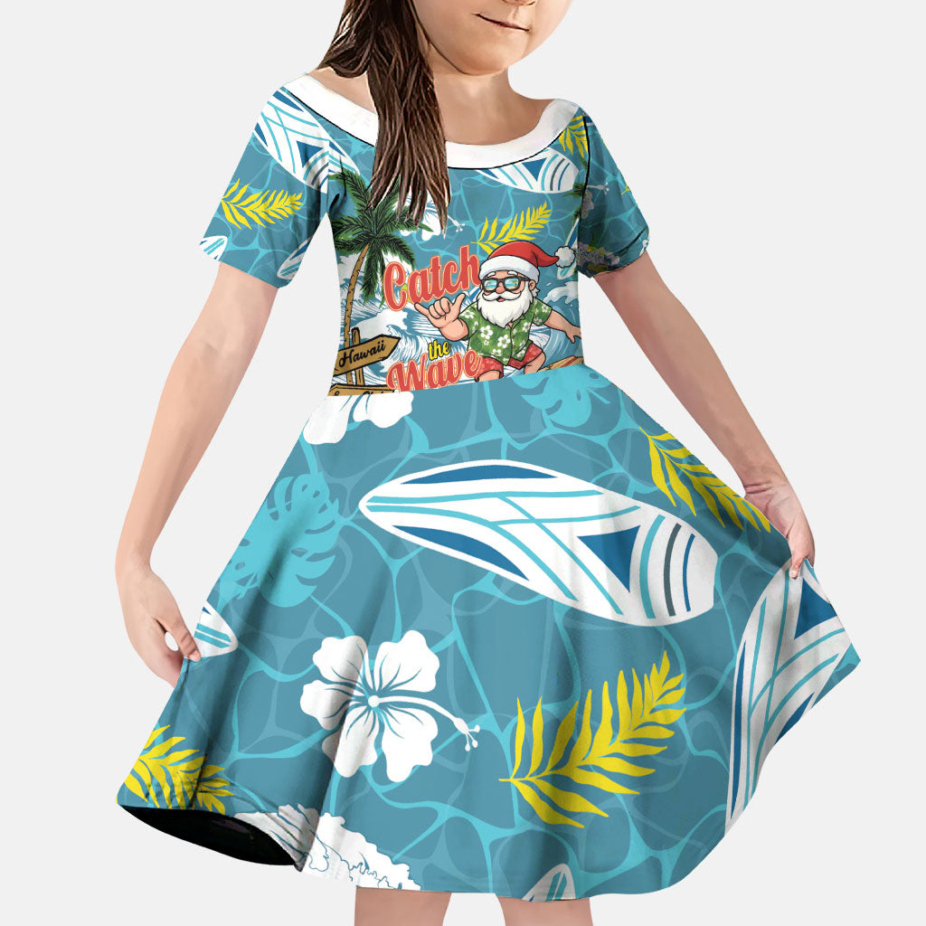 Hawaii Summer Christmas Family Matching Mermaid Dress and Hawaiian Shirt Surfing Santa Shaka Catch The Wave LT14 Daughter's Dress Teal - Polynesian Pride