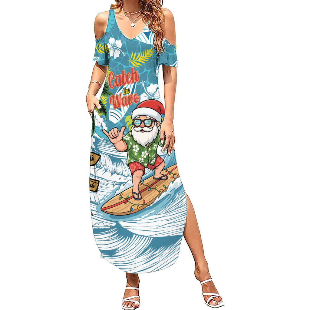 Hawaii Summer Christmas Family Matching Summer Maxi Dress and Hawaiian Shirt Surfing Santa Shaka Catch The Wave LT14 Mom's Dress Teal - Polynesian Pride