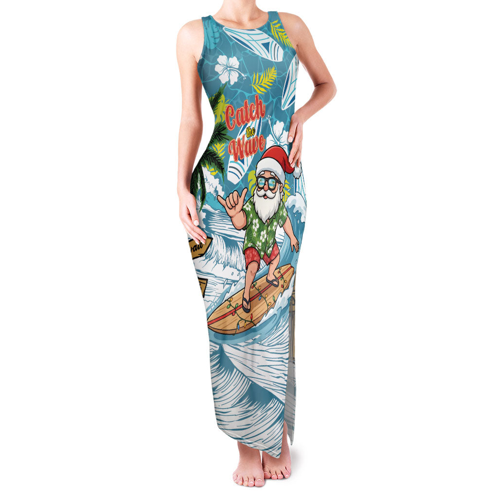 Hawaii Summer Christmas Family Matching Tank Maxi Dress and Hawaiian Shirt Surfing Santa Shaka Catch The Wave LT14 Mom's Dress Teal - Polynesian Pride