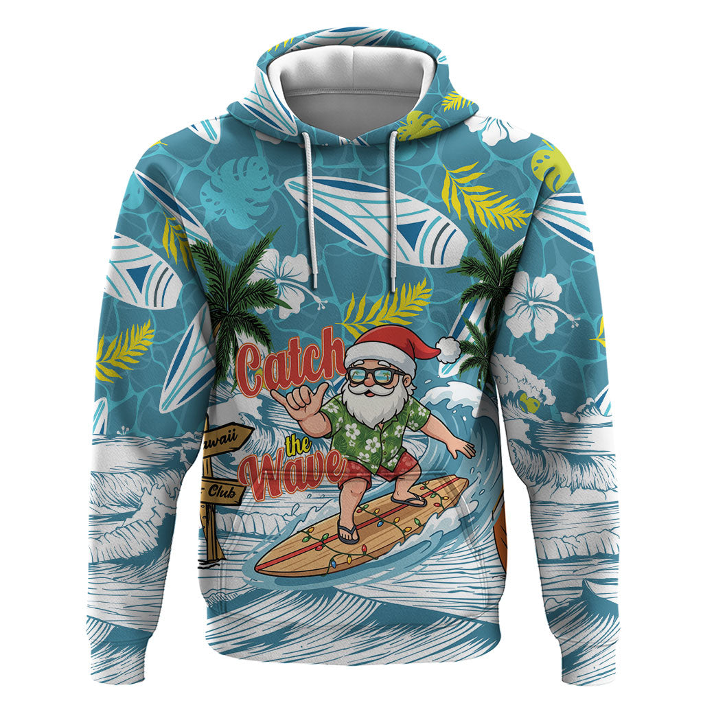 Hawaii Summer Christmas Hoodie Surfing Santa Shaka Catch The Wave LT14 Pullover Hoodie Teal - Polynesian Pride