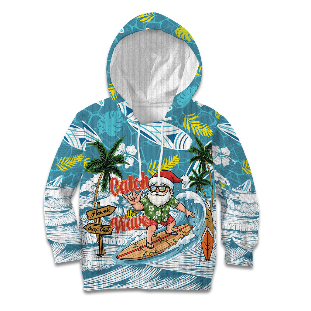 Hawaii Summer Christmas Kid Hoodie Surfing Santa Shaka Catch The Wave LT14 Hoodie Teal - Polynesian Pride