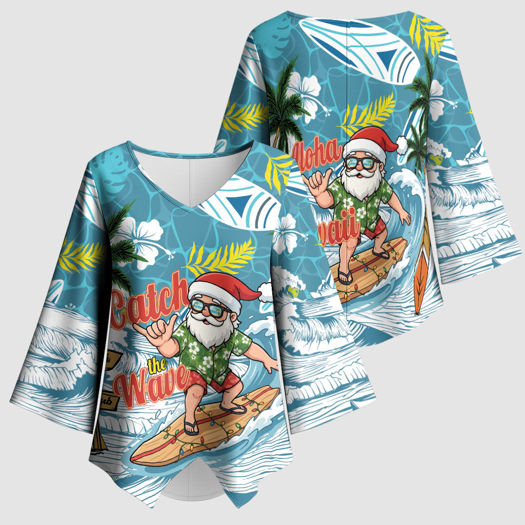 Hawaii Summer Christmas Kimono Sleeve Blouse Surfing Santa Shaka Catch The Wave